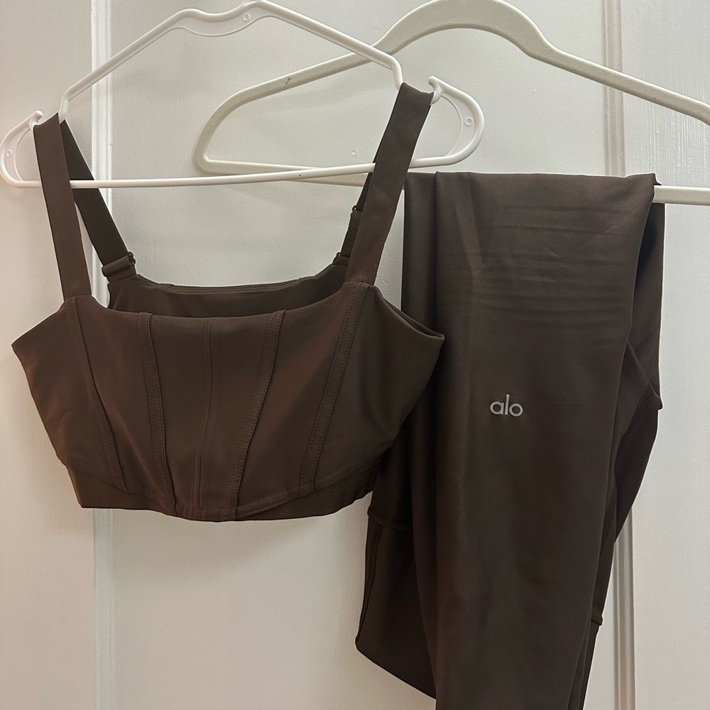 Alo Espresso Corset Sports Bra and 7/8 High-Waist Airlift Legging Set
